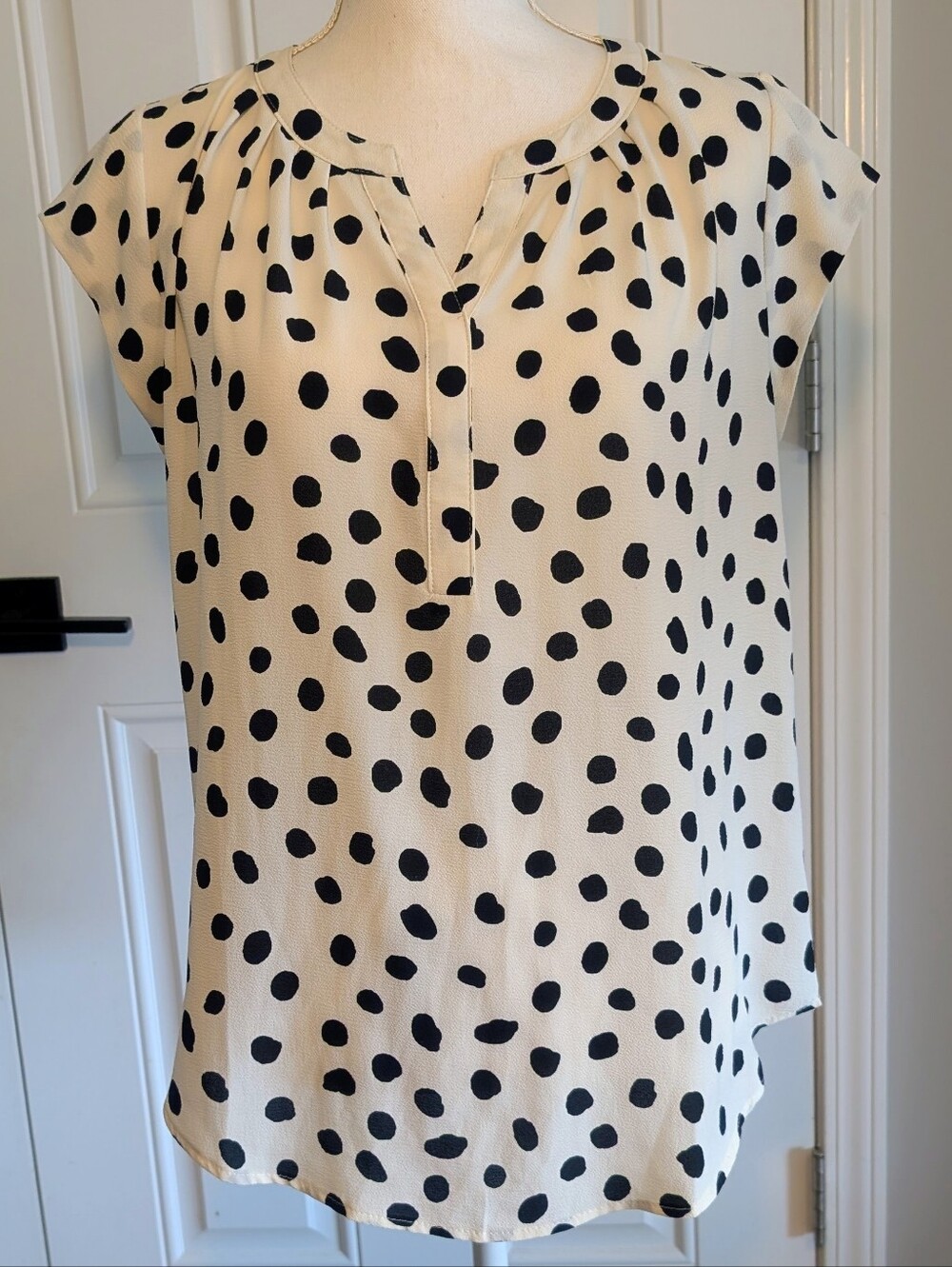 41 Hawthorne Polka Dot Cap-Sleeve Blouse - Black on Cream